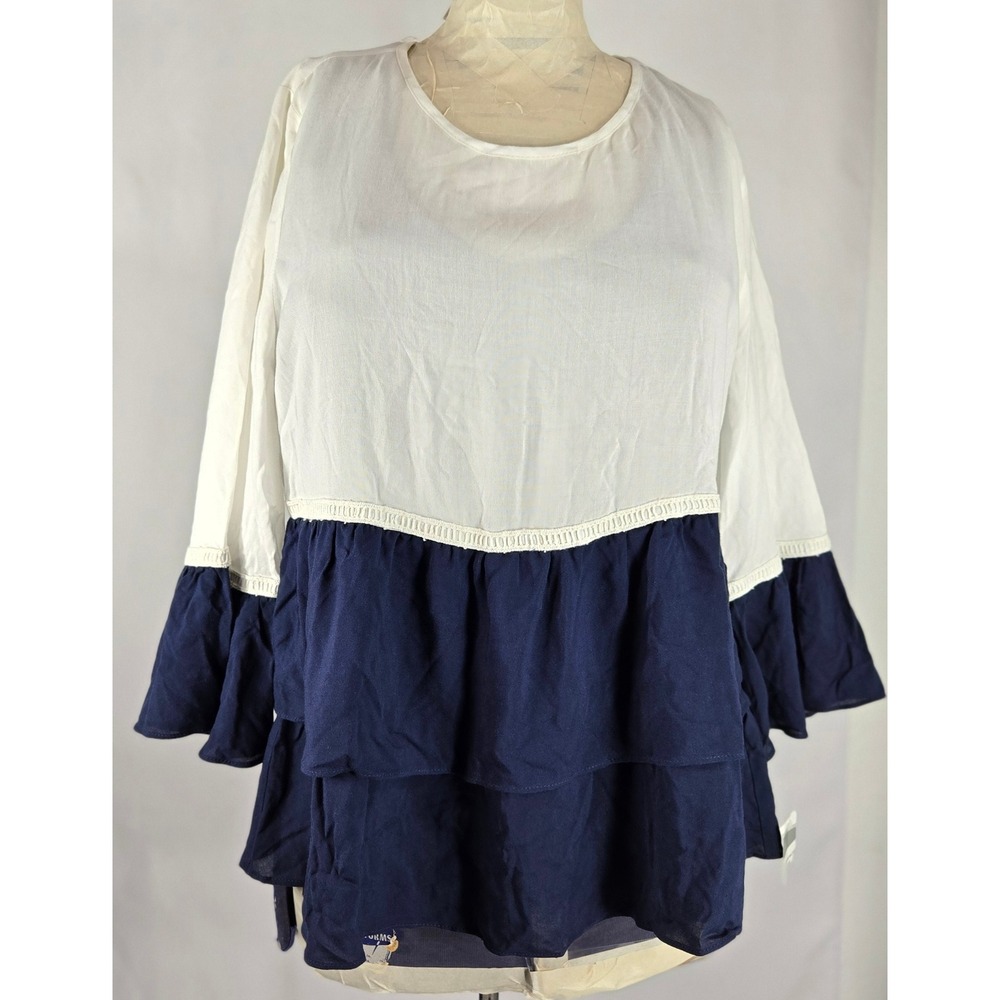 Petite Studio Ruffle Tiered Blouse Flowy Long Sleeve Top White Blue Size M Boho